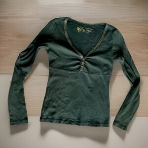 Vintage Y2K Victoria’s Secret Tee Shop Green Gold Trim Henley Top Medium (2006)